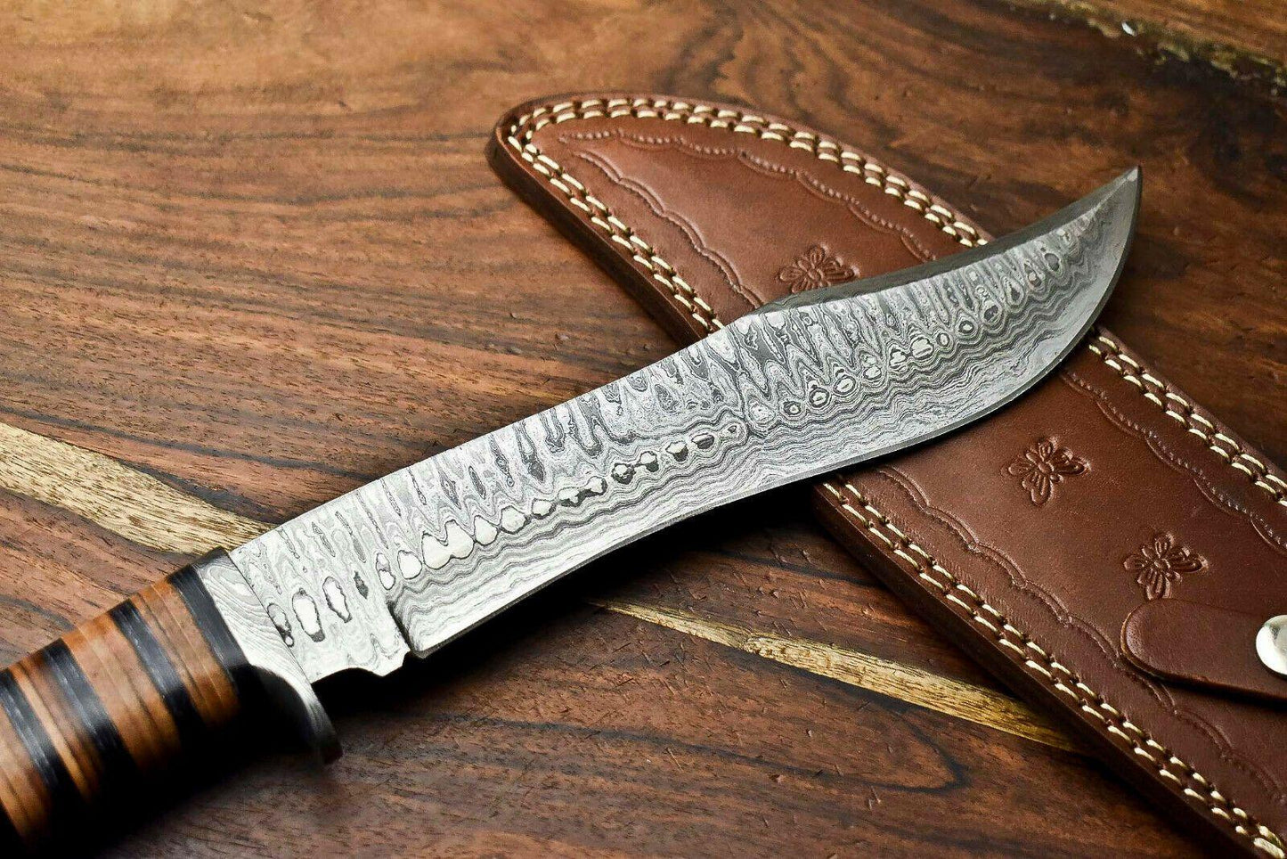 15" Handmade Damascus Steel Bowie Knife – Stacked Leather Handle & Cowhide Sheath