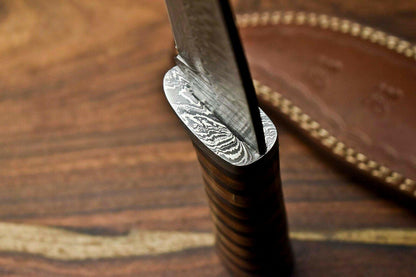 15" Handmade Damascus Steel Bowie Knife – Stacked Leather Handle & Cowhide Sheath