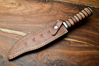 15" Handmade Damascus Steel Bowie Knife – Stacked Leather Handle & Cowhide Sheath