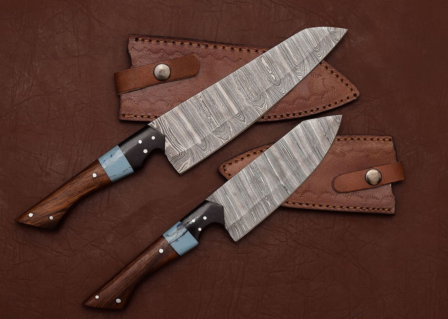Custom Handmade Damascus Steel 2-Piece Chef & Fillet Knife Set with Rosewood Handles and Leather Sheaths