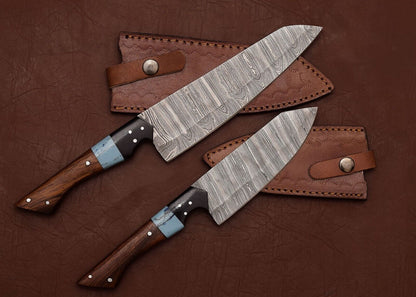 Custom Handmade Damascus Steel 2-Piece Chef & Fillet Knife Set with Rosewood Handles and Leather Sheaths