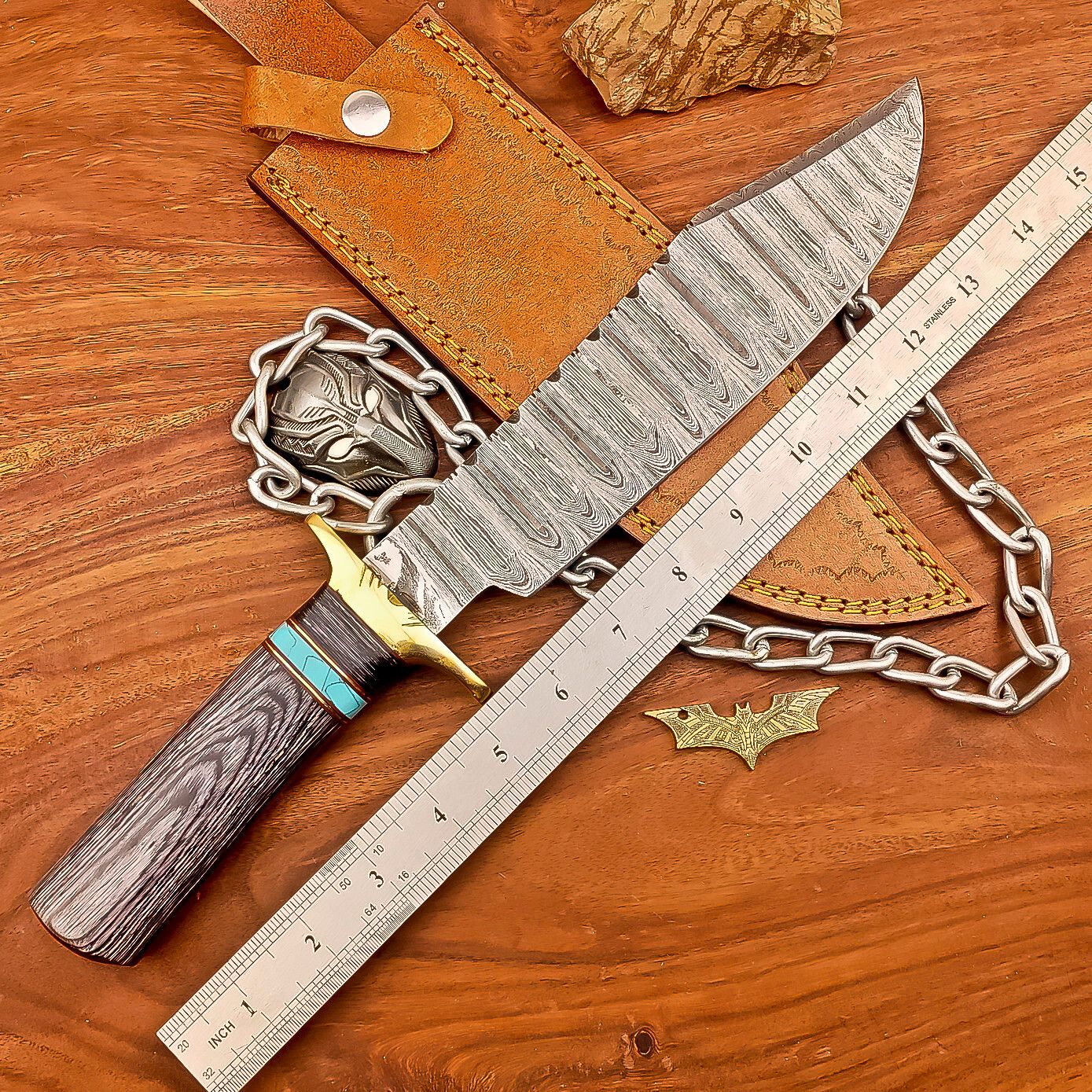 15 Inch Handmade Damascus Steel Bowie Knife with Wood Handle and Brass Bolster