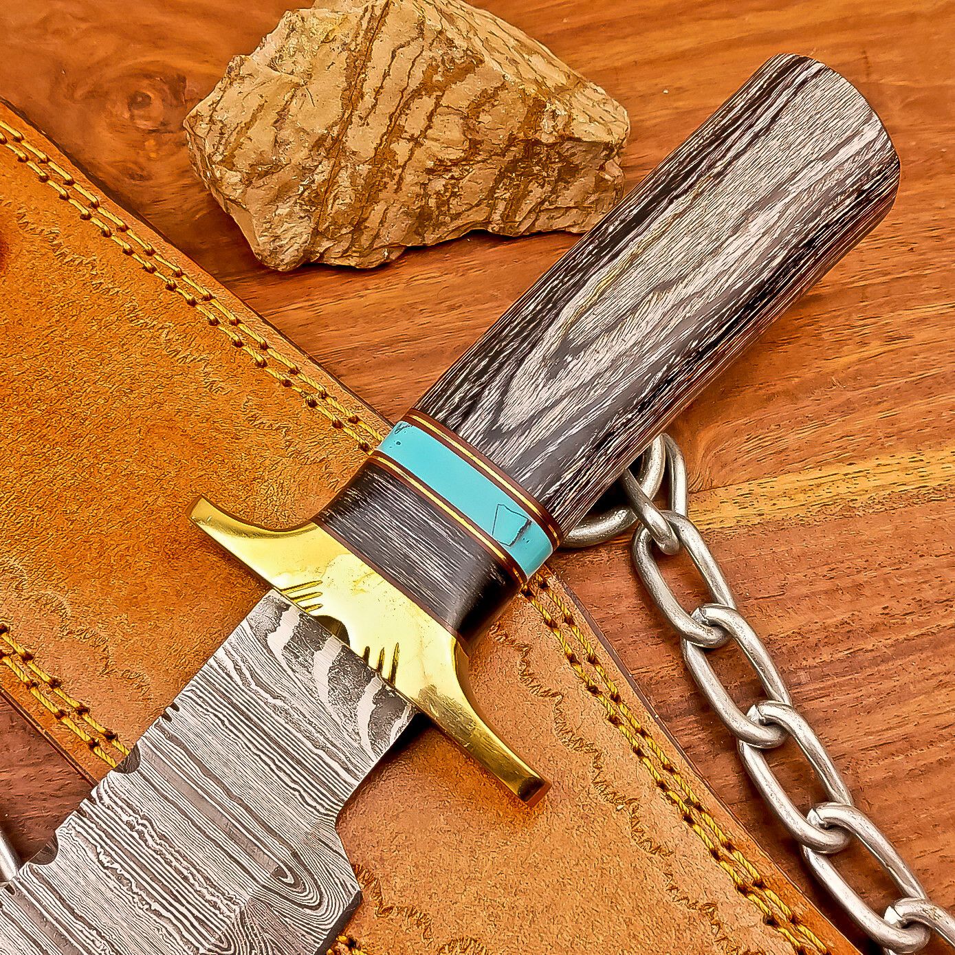 15 Inch Handmade Damascus Steel Bowie Knife with Wood Handle and Brass Bolster
