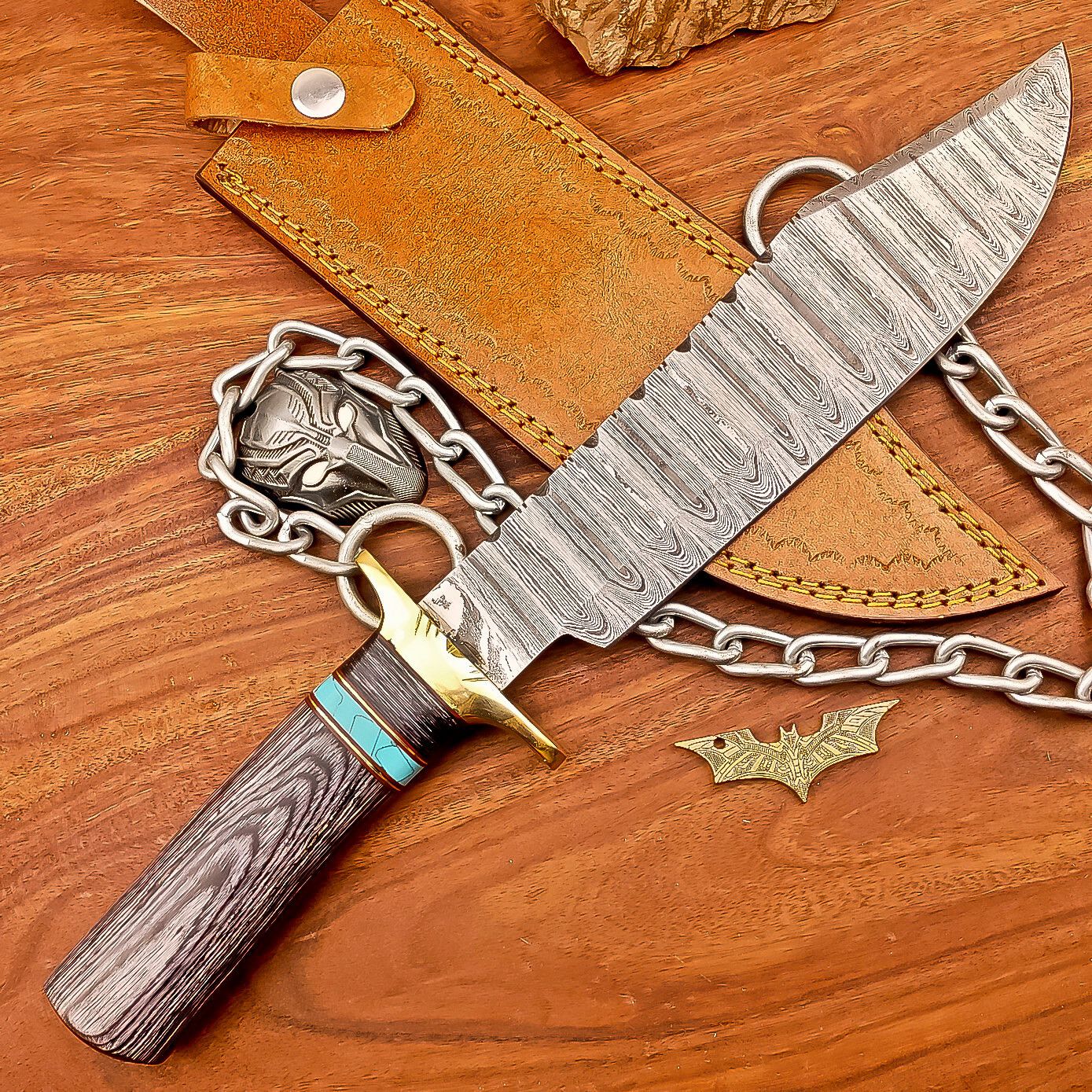 15 Inch Handmade Damascus Steel Bowie Knife with Wood Handle and Brass Bolster