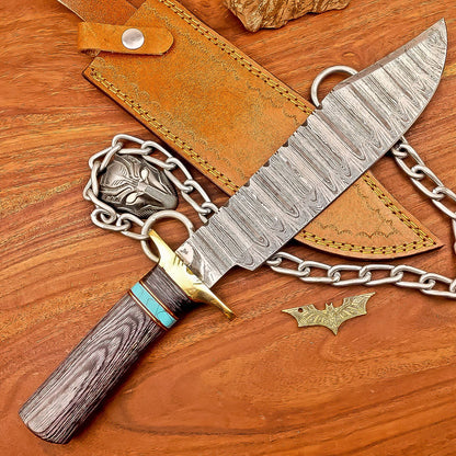 15 Inch Handmade Damascus Steel Bowie Knife with Wood Handle and Brass Bolster
