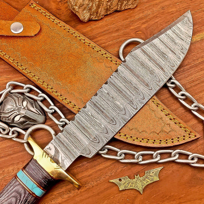 15 Inch Handmade Damascus Steel Bowie Knife with Wood Handle and Brass Bolster