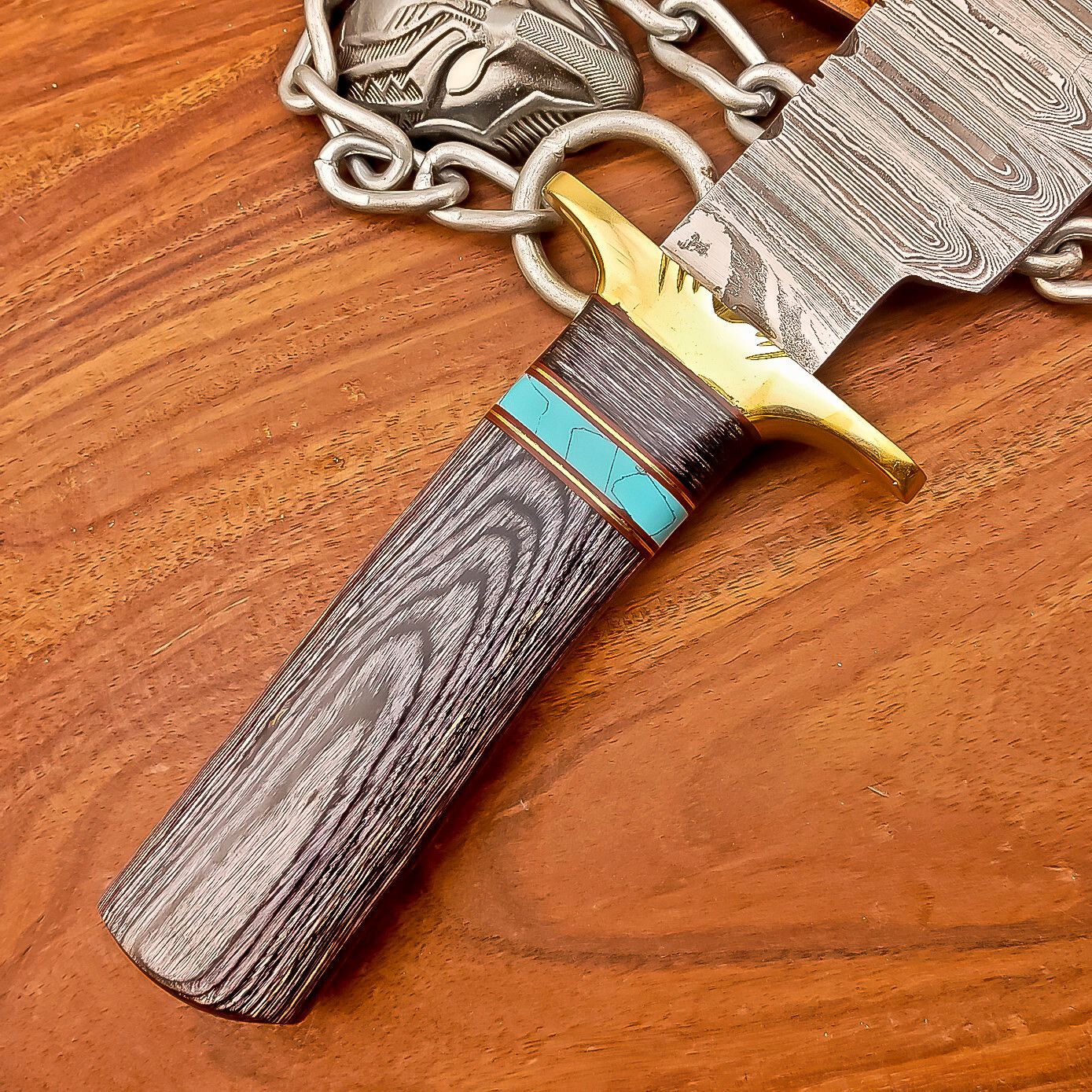 15 Inch Handmade Damascus Steel Bowie Knife with Wood Handle and Brass Bolster