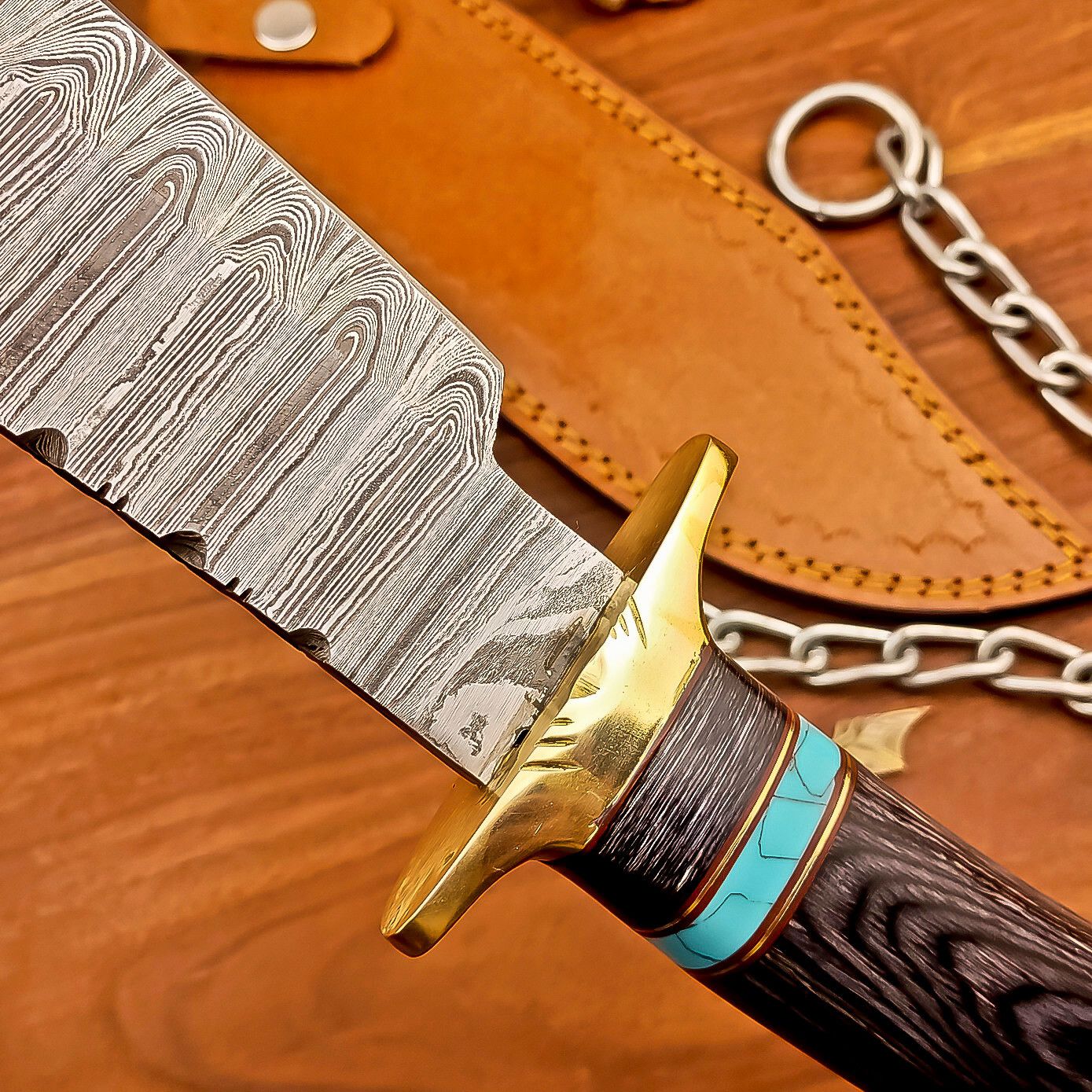 15 Inch Handmade Damascus Steel Bowie Knife with Wood Handle and Brass Bolster
