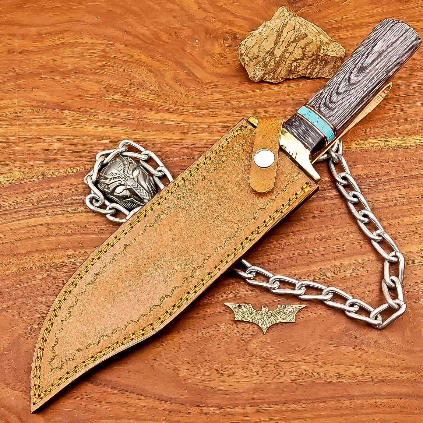 15 Inch Handmade Damascus Steel Bowie Knife with Wood Handle and Brass Bolster