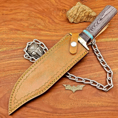 15 Inch Handmade Damascus Steel Bowie Knife with Wood Handle and Brass Bolster