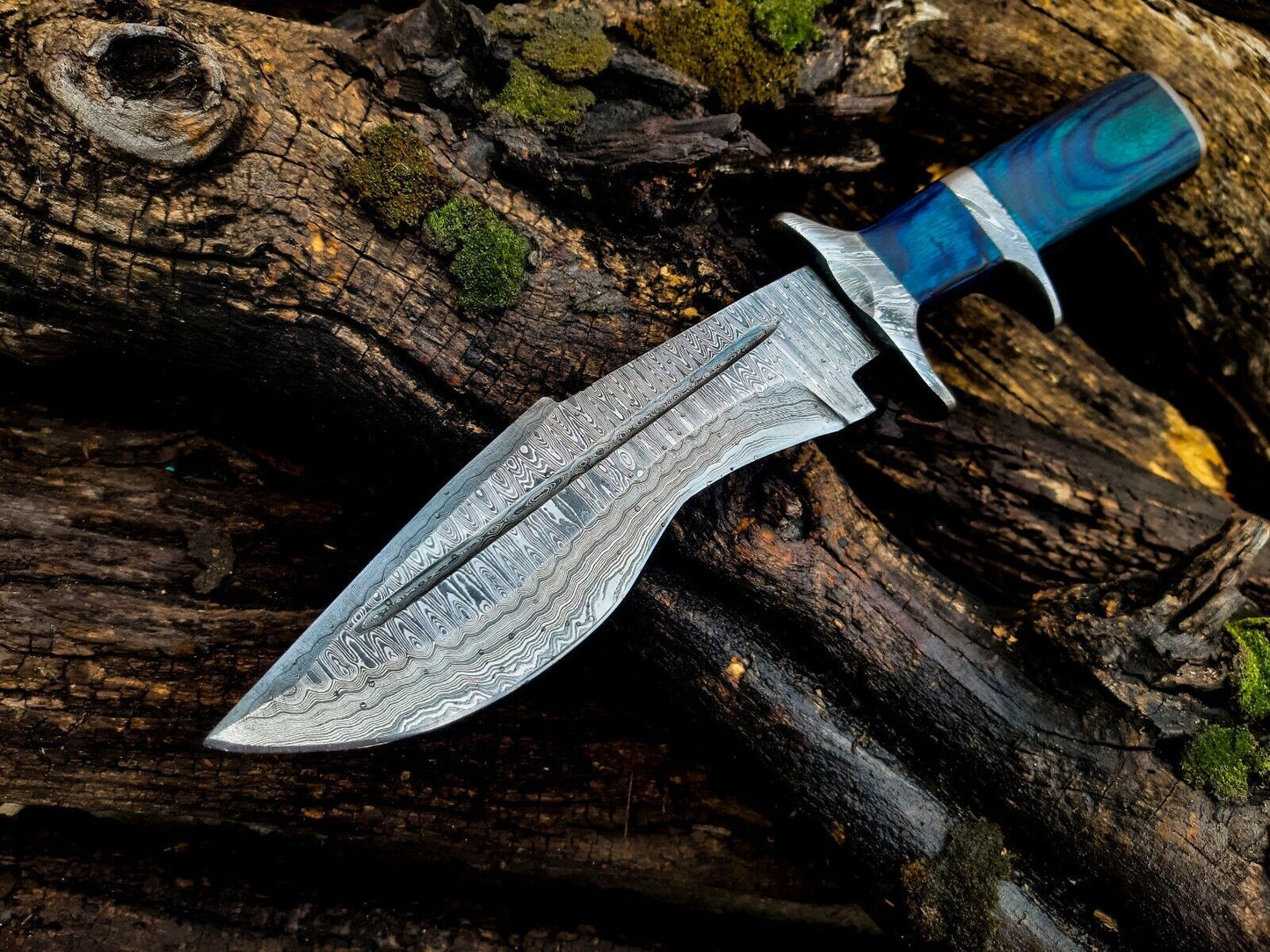 Heritage Forge Damascus Steel Hunting Bowie Knife Blue Wood Handle with Leather Sheath