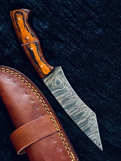 Heritage Forge 9.5 Inch Fire Damascus Tanto Hunting Knife with Camel Bone and Wood Handle
