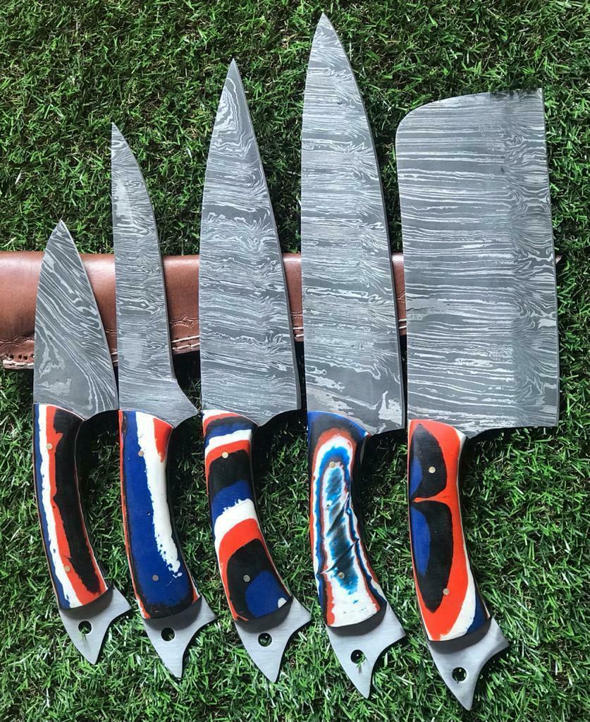 Custom Handmade Twist Damascus Steel Chef Knife Set – 5pc Kitchen Knives