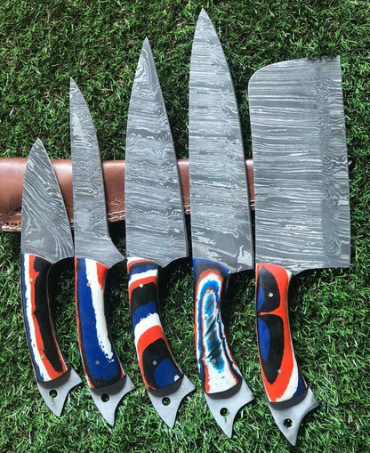 Custom Handmade Twist Damascus Steel Chef Knife Set – 5pc Kitchen Knives