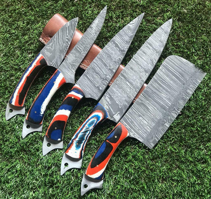 Custom Handmade Twist Damascus Steel Chef Knife Set – 5pc Kitchen Knives