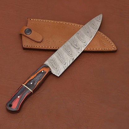 Handmade Damascus Steel Chef Kitchen Knife | 12" Wood Handle with Leather Sheath