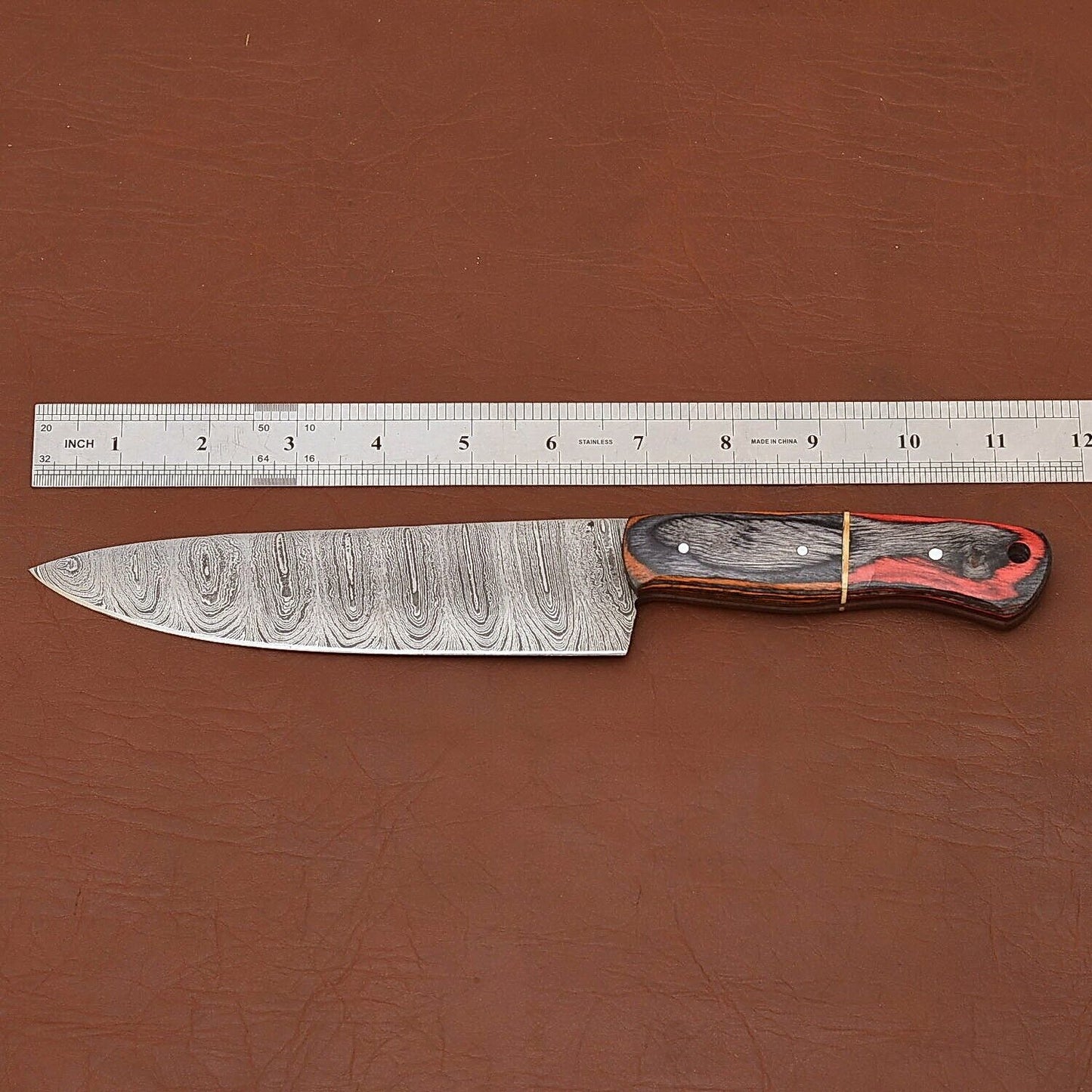 Handmade Damascus Steel Chef Kitchen Knife | 12" Wood Handle with Leather Sheath