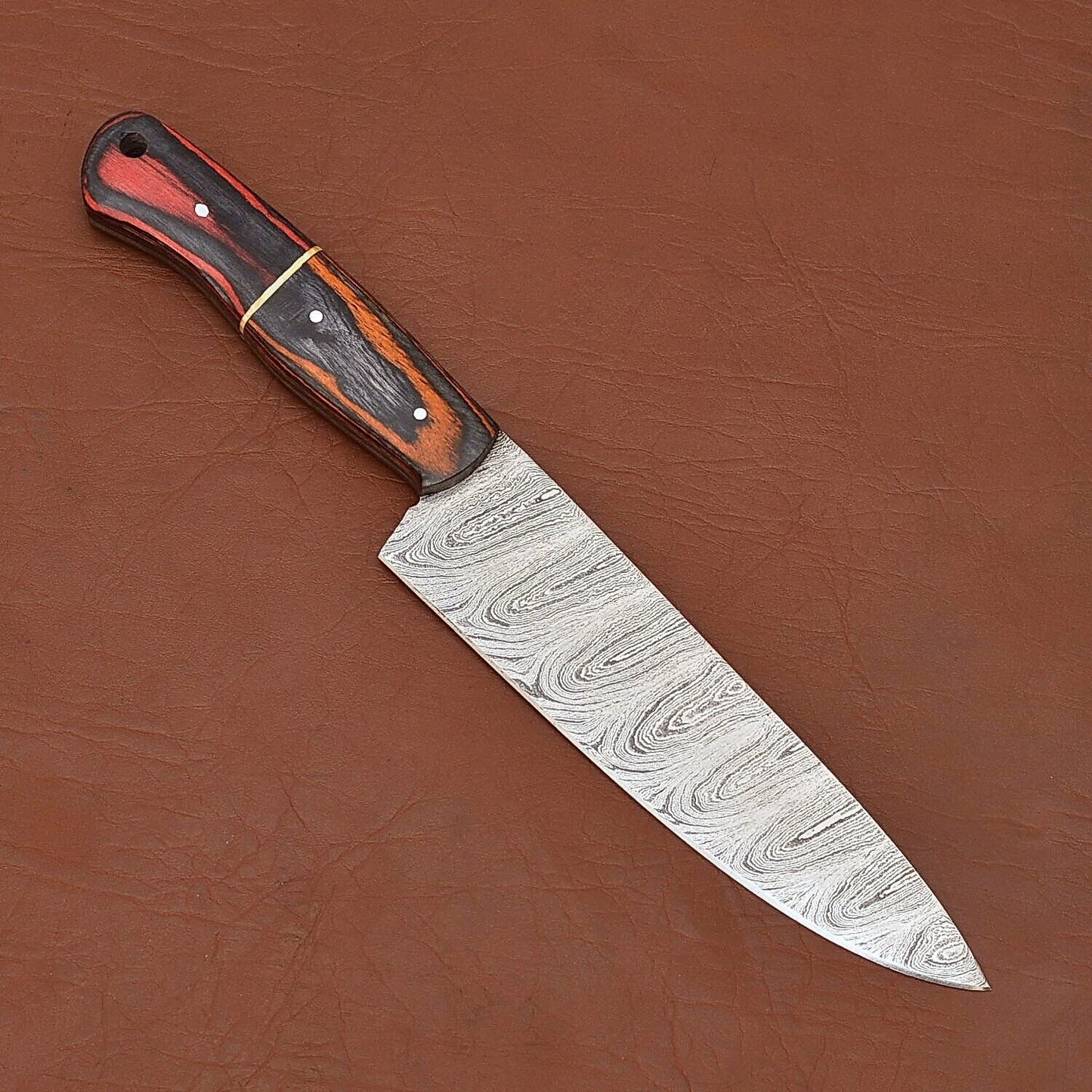 Handmade Damascus Steel Chef Kitchen Knife | 12" Wood Handle with Leather Sheath