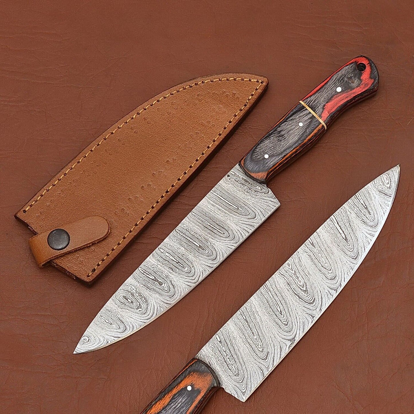 Handmade Damascus Steel Chef Kitchen Knife | 12" Wood Handle with Leather Sheath