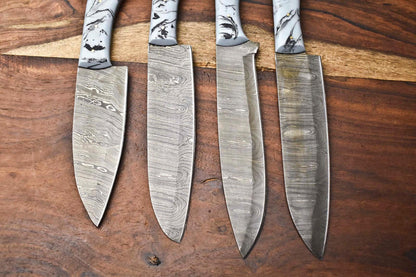 Beautiful Custom Lot of 4 Handmade Damascus Steel Blade Chef Set Kitchen Knives