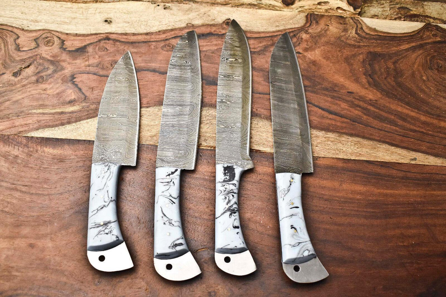 Beautiful Custom Lot of 4 Handmade Damascus Steel Blade Chef Set Kitchen Knives