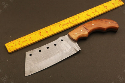 10" Handmade Ladder Damascus Steel Cleaver Bowie Knife – Natural Wood Handle