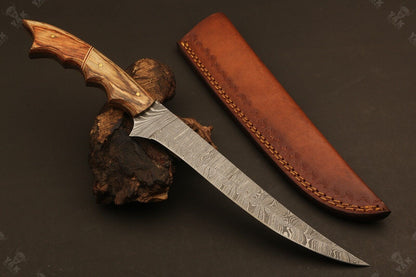 13.5" Hand Forged Damascus Fillet Knife Ladder Damascus Kitchen Knife with Wood Handle