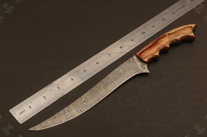 13.5" Hand Forged Damascus Fillet Knife Ladder Damascus Kitchen Knife with Wood Handle