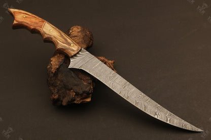 13.5" Hand Forged Damascus Fillet Knife Ladder Damascus Kitchen Knife with Wood Handle