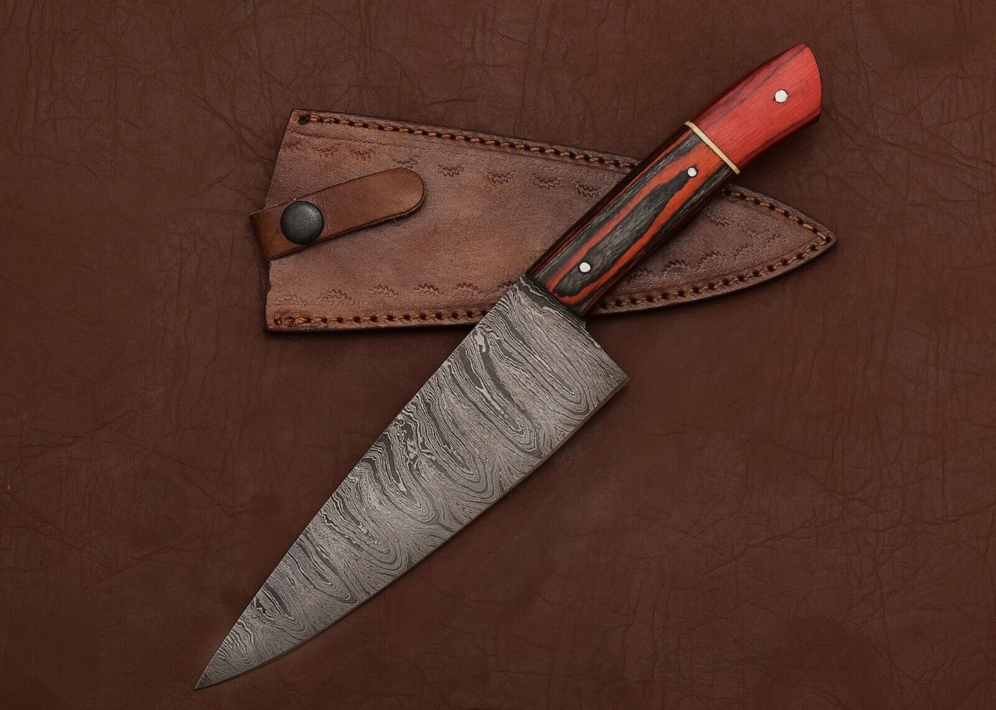 Handcrafted Damascus Steel Chef Fillet Knife with Full Tang Pakka Wood Handle & Leather Sheath