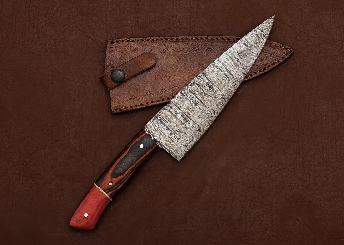 Handcrafted Damascus Steel Chef Fillet Knife with Full Tang Pakka Wood Handle & Leather Sheath