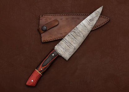 Handcrafted Damascus Steel Chef Fillet Knife with Full Tang Pakka Wood Handle & Leather Sheath