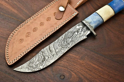 Damascus Steel Bowie Knife with Camel Bone Handle – 13" Handmade Hunting Blade