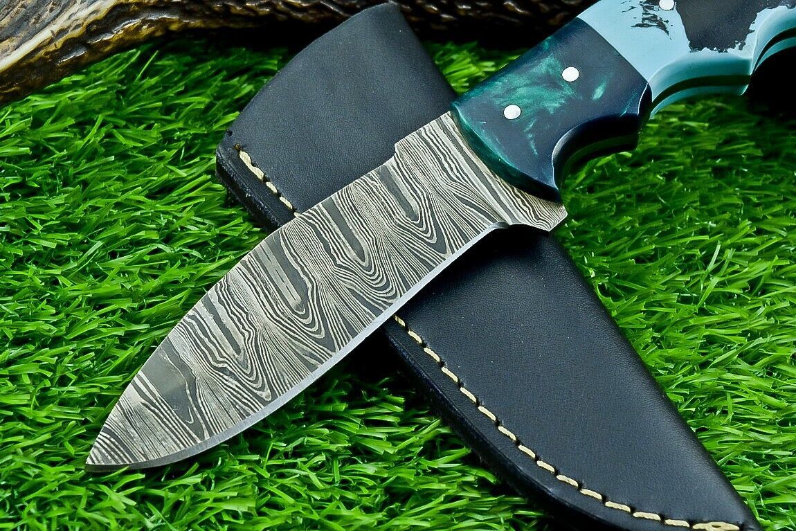 9" Heritage Forge Full Tang Damascus Bowie Knife – Resin Handle with Leather Sheath