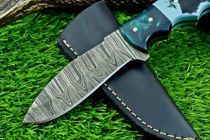 9" Heritage Forge Full Tang Damascus Bowie Knife – Resin Handle with Leather Sheath