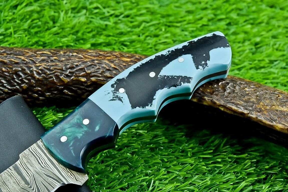 9" Heritage Forge Full Tang Damascus Bowie Knife – Resin Handle with Leather Sheath