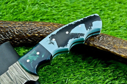 9" Heritage Forge Full Tang Damascus Bowie Knife – Resin Handle with Leather Sheath