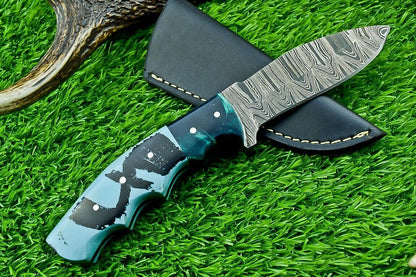 9" Heritage Forge Full Tang Damascus Bowie Knife – Resin Handle with Leather Sheath