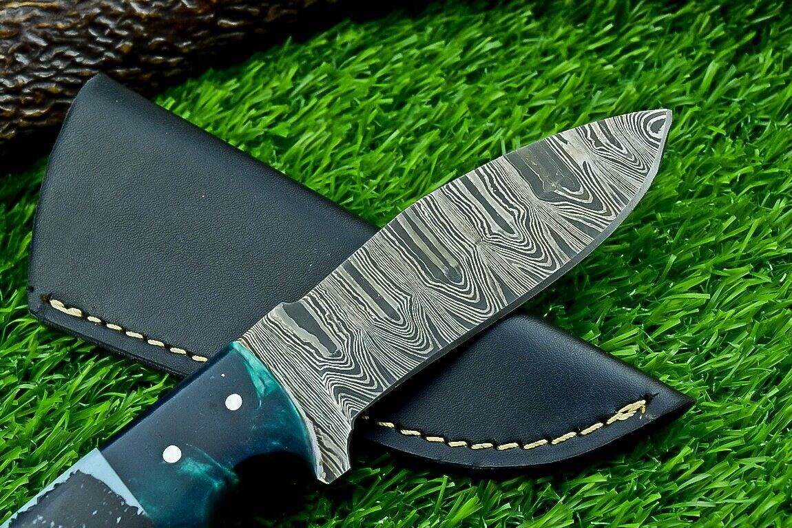 9" Heritage Forge Full Tang Damascus Bowie Knife – Resin Handle with Leather Sheath