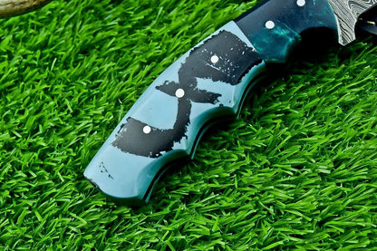 9" Heritage Forge Full Tang Damascus Bowie Knife – Resin Handle with Leather Sheath
