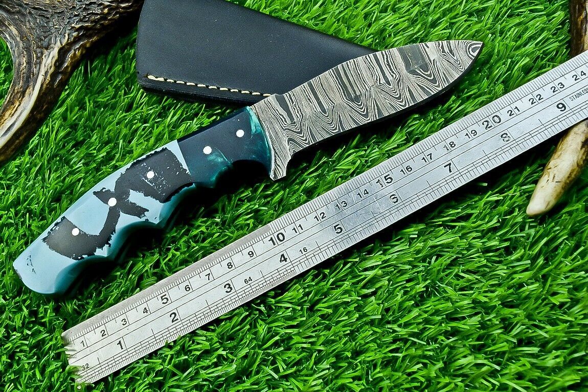9" Heritage Forge Full Tang Damascus Bowie Knife – Resin Handle with Leather Sheath