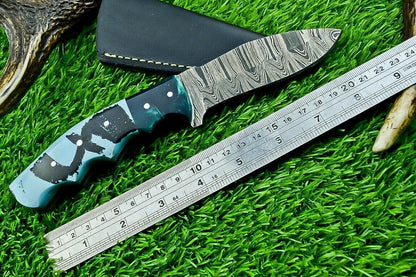 9" Heritage Forge Full Tang Damascus Bowie Knife – Resin Handle with Leather Sheath