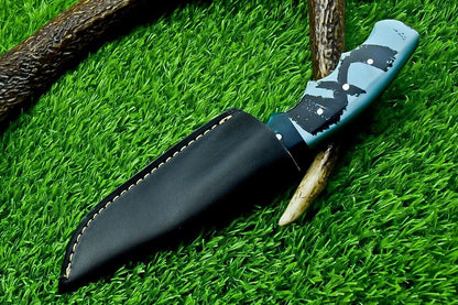 9" Heritage Forge Full Tang Damascus Bowie Knife – Resin Handle with Leather Sheath