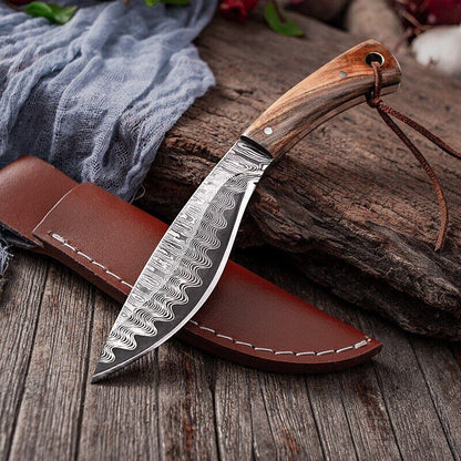 Forged Mongolian Style Cleaver Knife – 5Cr15 Steel Full Tang Damascus Pattern Blade with Wood Handle