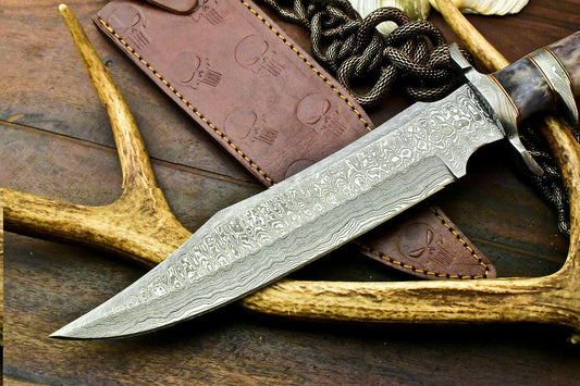 15" Damascus Steel Bowie Knife – Rare Handmade Blade with Camel Bone Handle