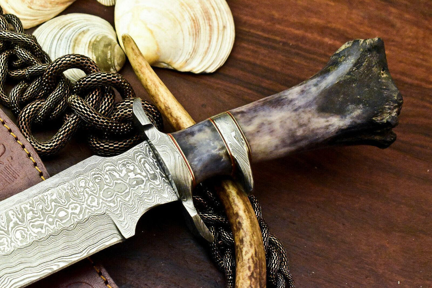 15" Damascus Steel Bowie Knife – Rare Handmade Blade with Camel Bone Handle