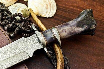 15" Damascus Steel Bowie Knife – Rare Handmade Blade with Camel Bone Handle