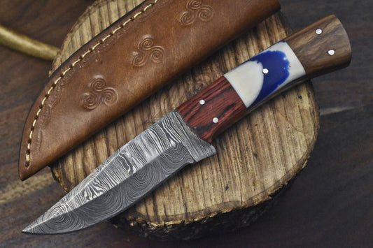 Forged Damascus Skinner Knife Twist Pattern with Corain Handle & Wooden Bolster – EDC Rare Blade