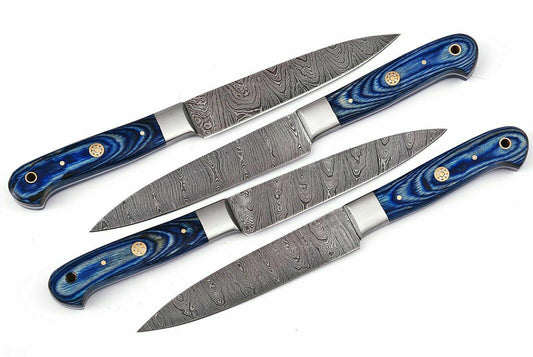 Handmade Damascus Steel Kitchen Steak Knives Set with Blue Wood Handle