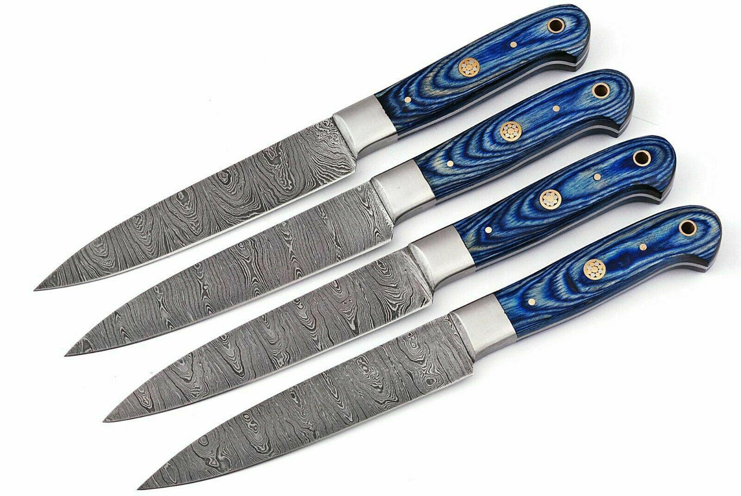 Handmade Damascus Steel Kitchen Steak Knives Set with Blue Wood Handle
